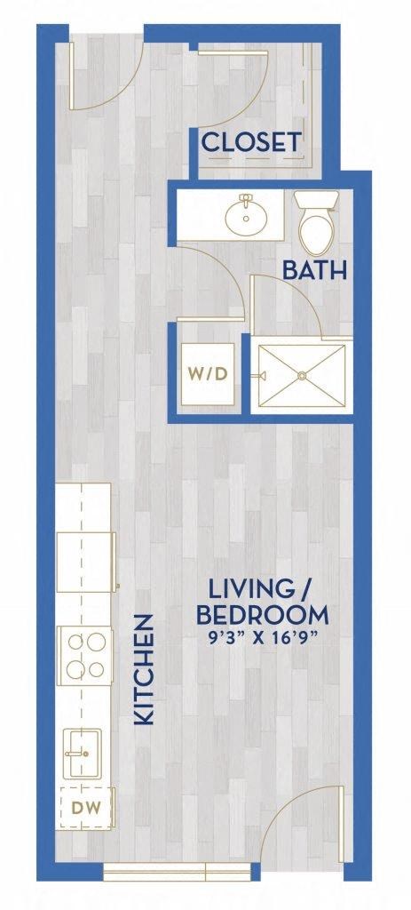 Floor plan for studio, 1 bath, 407 sqft